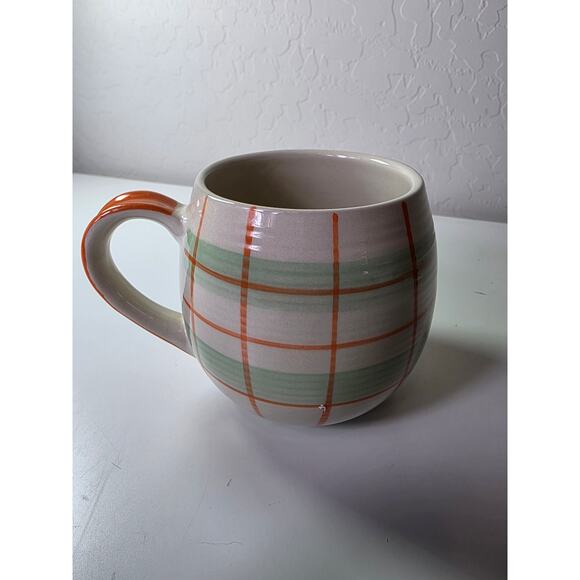 WORLD MARKET Orange Green Plaid Bubble Ceramic Coffee Mug - Picture 3 of 8